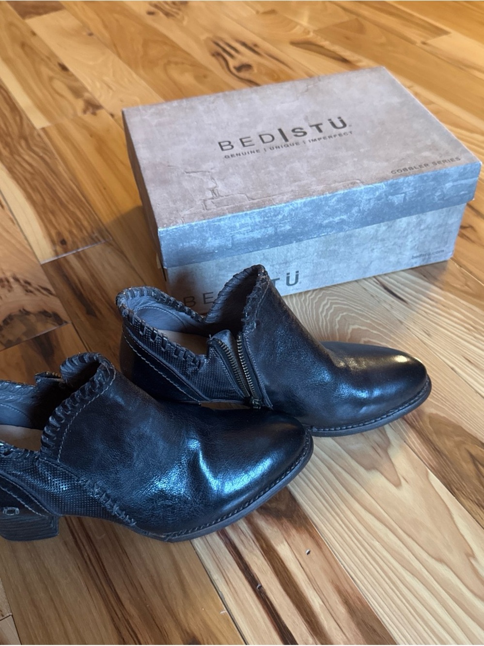 BED|STU Black Leather Ankle Booties with Side Zip
